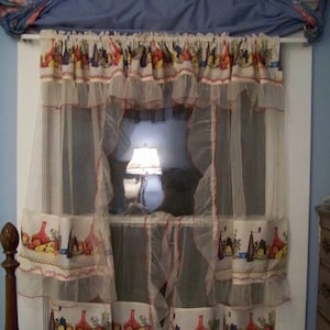1950s Kitchen Border Print & Dotted Swiss Sheer Curtains Vintage Lipstick Red Romantic Cottage Farmhouse