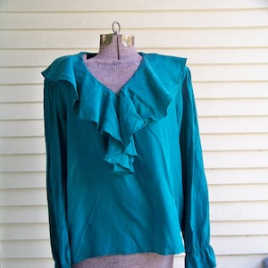 1980s Dark Teal Silk Romantic Ruffle Collar Neckline Blouse With Long Sleeves Vintage Retro