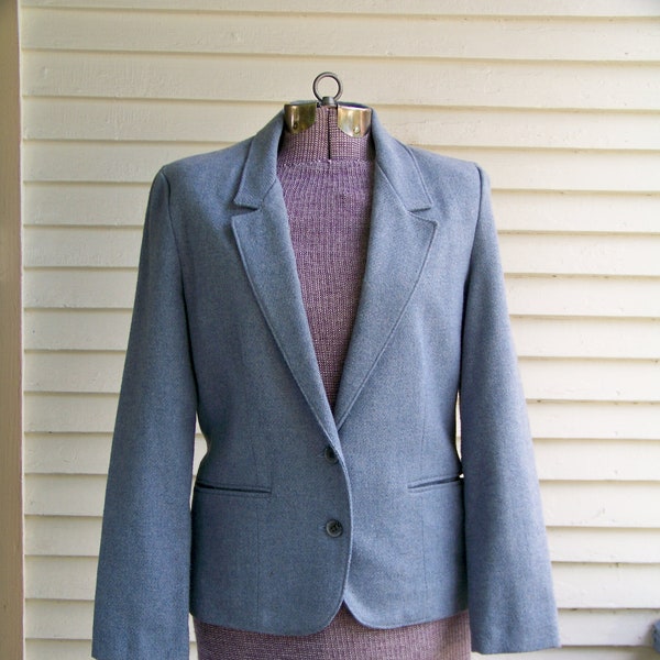 1990s Light Grey-Blue Tweed Wool Blend Jacket Vintage Blazer Tailored Retro