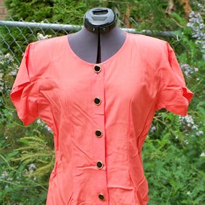 1980s Orange Blouse with Decorative Black Buttons Vintage Retro