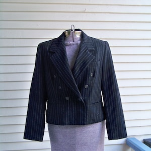 1990s Black Pinstripe Double Breasted Wool Blend Short Jacket Vintage Blazer Tailored Retro