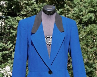 1990s Wool Blend Blazer: Blue with Black Collar, Fitted Retro Jacket