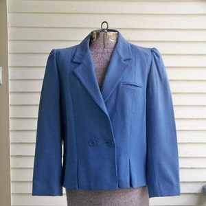 1990s Medium Blue Double Breasted Wool Blend Short Jacket Vintage Blazer Tailored Retro