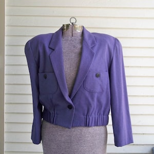 1980s Purple Wool Blend Short Bomber Jacket Vintage Blazer Tailored Retro Disco