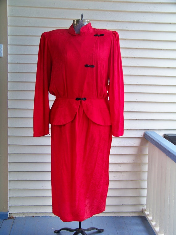 1980s Chinese Red 2 Piece Oriental-Style Dress 100