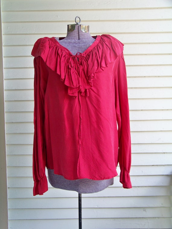 1980s Dark Crimson Silk Romantic Ruffle Collar Nec