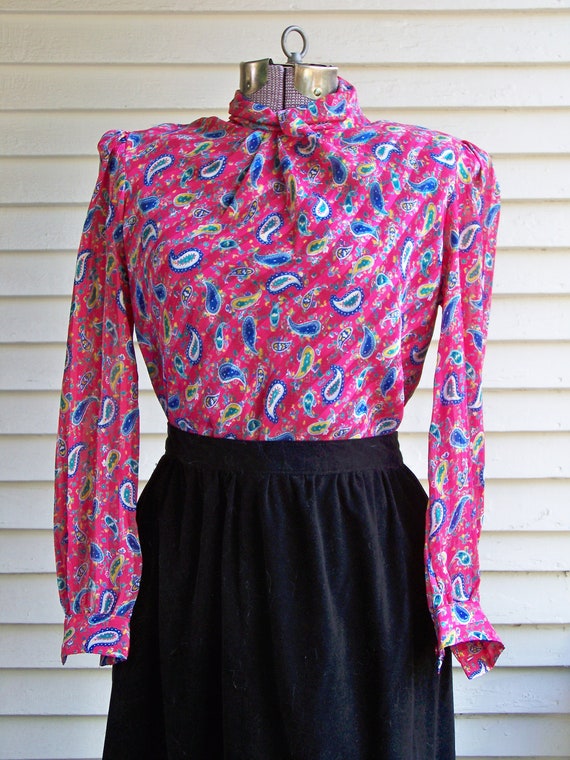 1980s Raspberry & Blue Paisley High Neck Blouse Vintage Romantic 