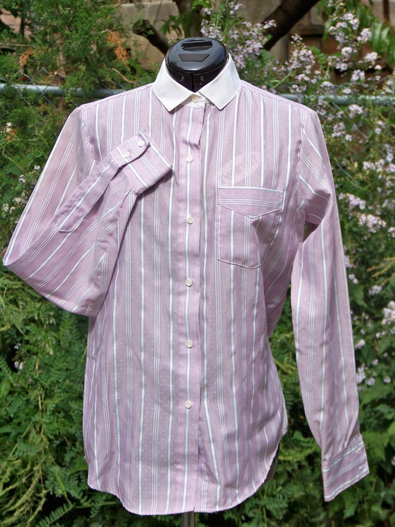 1970s White & Lavender Striped Blouse with White … - image 1