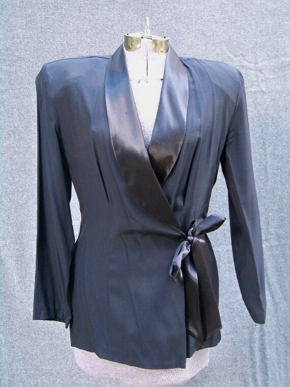 1980s Black Tuxedo-Style Dressy Top with Side Tie… - image 1