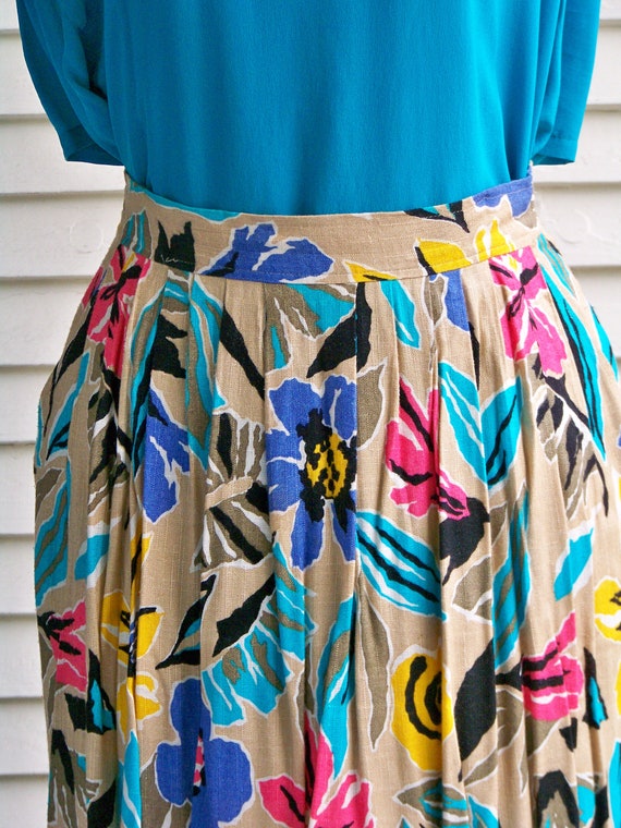 1990s Tropical Print Blue and Pink on Tan Skirt S… - image 3