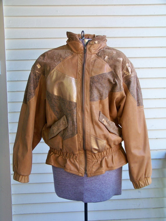 1980s Yellow Tan & Gold Leather Disco Jacket with 