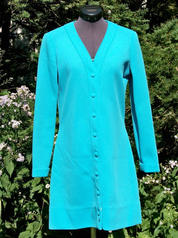 Vintage 1970s Light Turquoise Double-Knit Coat Dr… - image 3