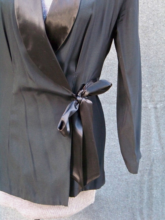1980s Black Tuxedo-Style Dressy Top with Side Tie… - image 2