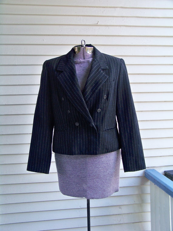 1990s Black Pinstripe Double Breasted Wool Blend … - image 1