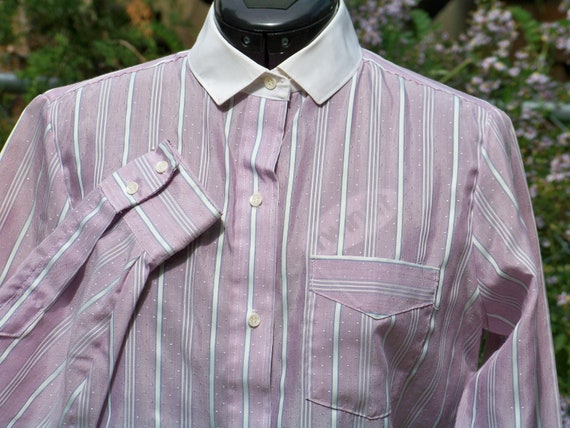 1970s White & Lavender Striped Blouse with White … - image 2