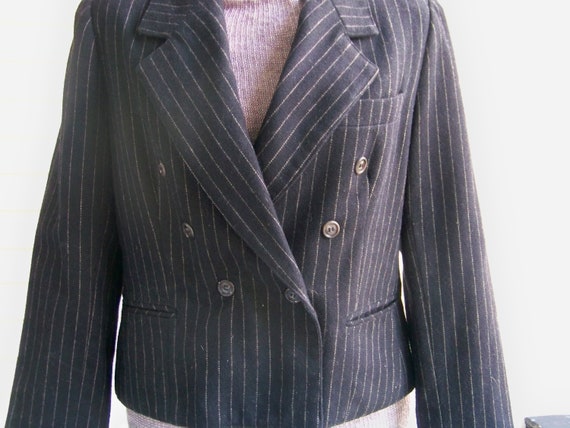 1990s Black Pinstripe Double Breasted Wool Blend … - image 3