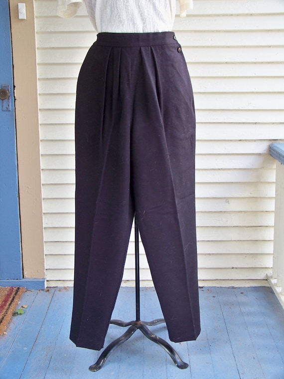 1980s Black Light Weight Wool Pleated Front High … - image 1