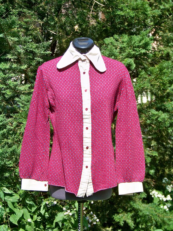 Vintage 1970s Dog-Ear Collar Maroon Jersey Blouse