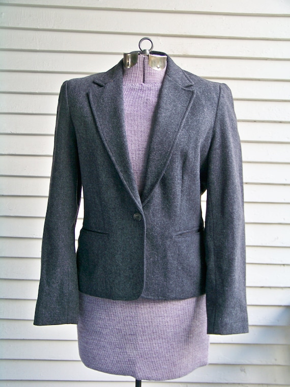 1990s Dark Charcoal Grey Wool Blend Short Blazer V