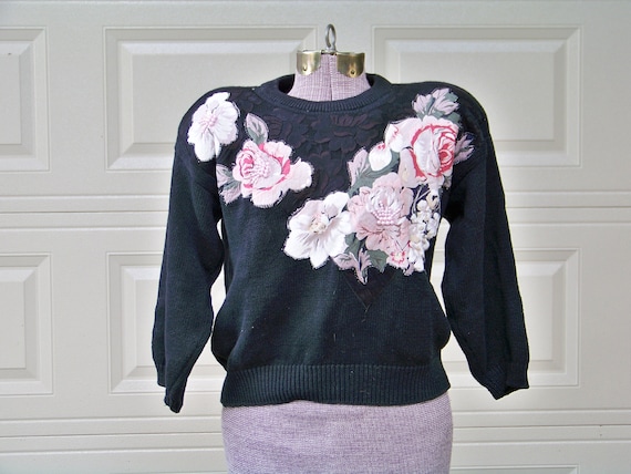1980s Black Flower Applique Sweater