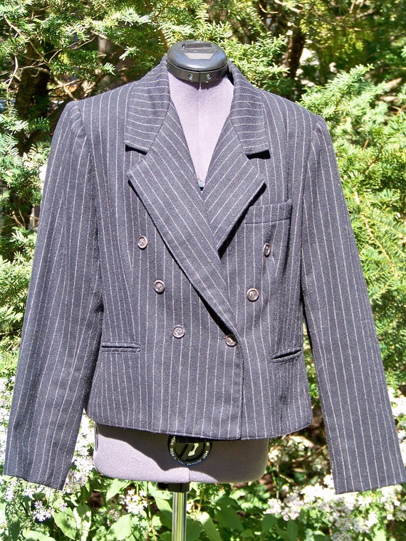 1990s Black Pinstripe Double Breasted Wool Blend … - image 5