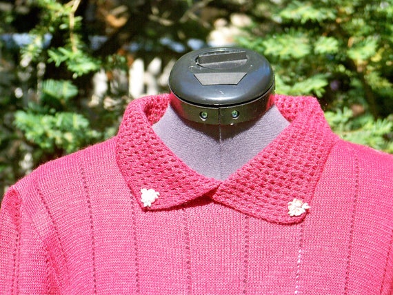 Vintage 1970s Dark Raspberry Knit Sweater Retro - image 3