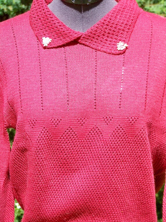 Vintage 1970s Dark Raspberry Knit Sweater Retro - image 4