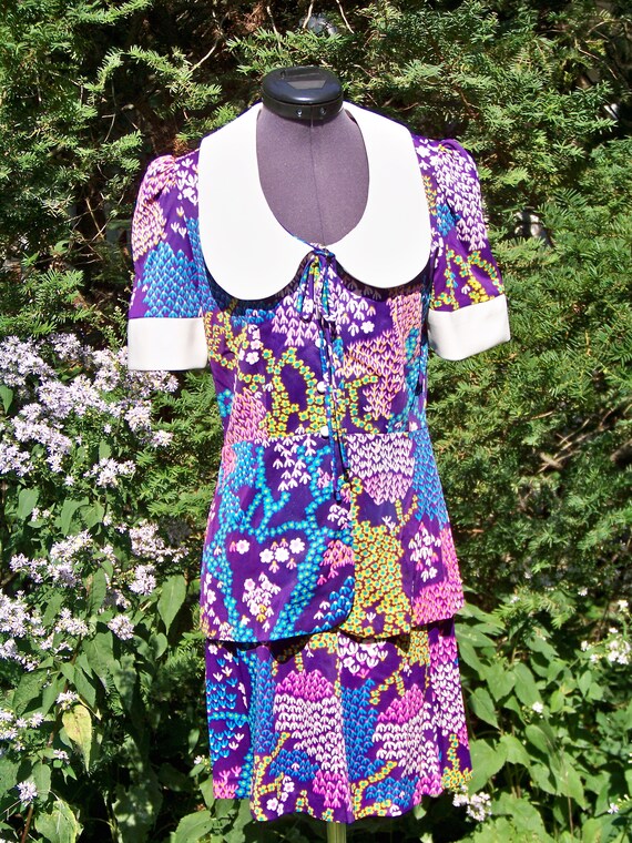 Vintage 1970s Mod Dog-Ear Collar 2 Piece Dress Ret