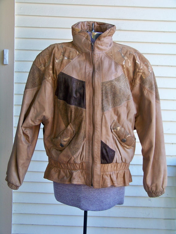 1980s Unisex Beige Tan & Brown Leather Disco Jack… - image 1