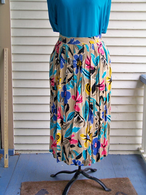 1990s Tropical Print Blue and Pink on Tan Skirt S… - image 1