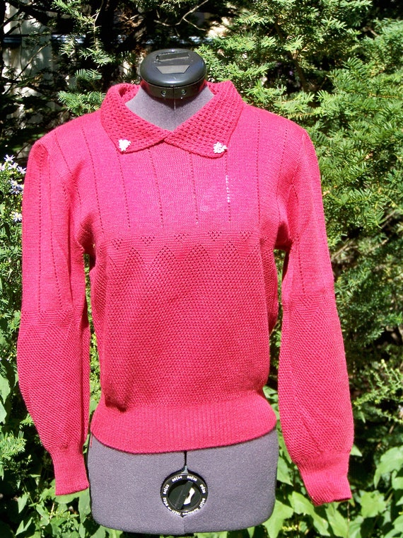 Vintage 1970s Dark Raspberry Knit Sweater Retro