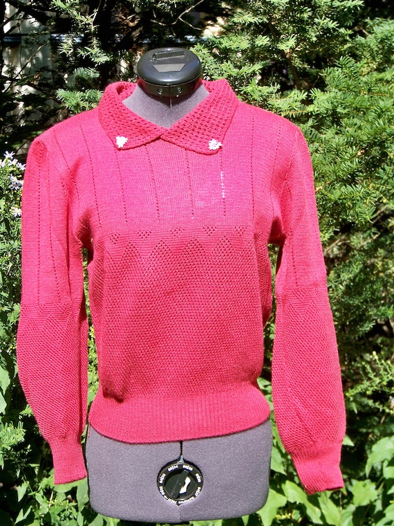 Vintage 1970s Dark Raspberry Knit Sweater Retro - image 1
