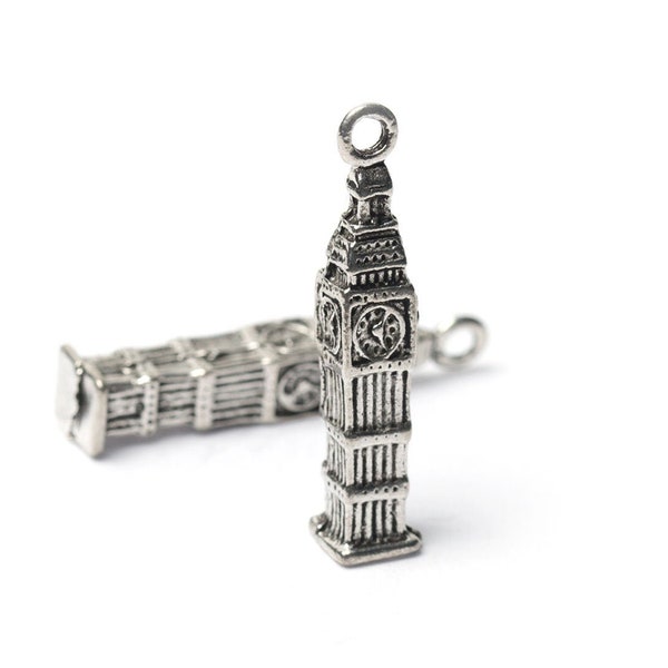 Silver 3d Big Ben Charm, England, British Great Bell, London, UK Charm, Antique Silver Clock Tower Charm, Highly Detailed, Made in USA, 27mm