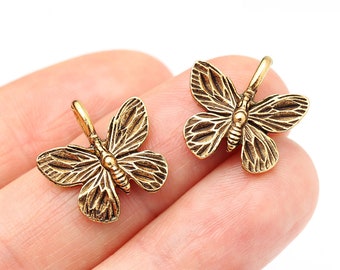 Gold Butterfly Charm, Small Butterfly Charm, Finely Detailed, Antique Gold, 15x15mm, Made in the USA