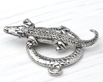 Silver Alligator Toggle Clasp, Fine Silver Plated Crocodile Clasp, Tropical Toggle Clasp, Antique Silver, Made in the USA