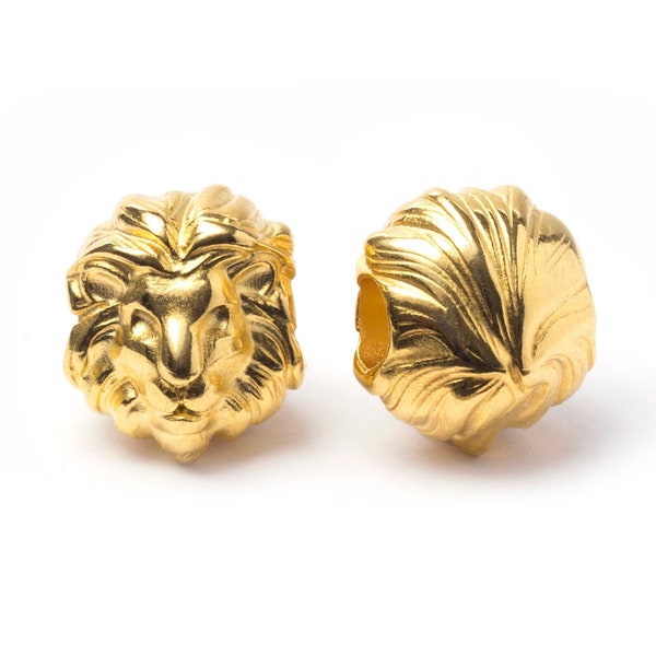 Gold Lion Head Bead, Antique Gold Lion Charm, Wild Animal Bead, Large Hole, 24K Gold Plated, Made in Europe, 11x13mm