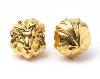 Gold Lion Head Bead, Antique Gold Lion Charm, Wild Animal Bead, Large Hole, 24K Gold Plated, Made in Europe, 11x13mm