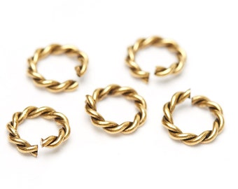 7.5mm Antique Gold Twisted Rope Jump Rings, Medium Rope Jumprings, Open Jump Rings, Very Durable, 24K Gold Plated Brass, Made in the USA