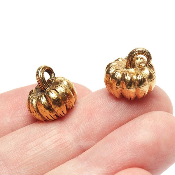 Gold Pumpkin Charm, 3Dimensional Garden Plant Charm, Princess, Halloween Charm Gift, Finely Detailed, Antique Gold, Made in USA, 11mm