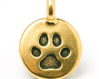 Gold Paw Print Charms, Antique Gold Tiny Paw Charm, Cat or Dog Paw Charm, Small Round Coin Paw Charm, TierraCast, Made in USA