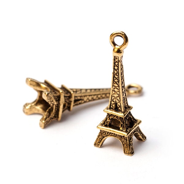 Gold Paris Eiffel Tower Charm, French Charm, Paris Landmark Charm, Antique Gold Tower, 24k Gold Plated, Highly Detailed, Made in USA, 24mm