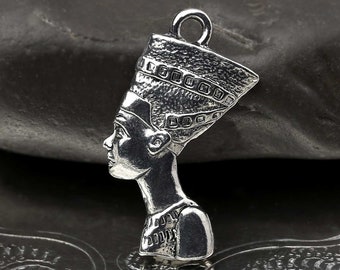 Silver Nefertiti Charm, Egypt Queen Pendant, Silver Beauty Queen Charm, Silver Plated, Two Sided, Antique Silver, Made in USA, 24mm
