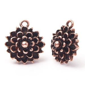Copper Mum Flower Charm, Chrysanthemum Charm, Artisan Flower Charm, Antique Copper Flower Pendant, Made in the USA, 17mm – BN31C