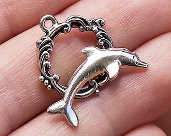 Cierre de palanca con forma de delfín de plata, cierre náutico, océano, animal marino, plata antigua, fabricado en EE. UU., 18 mm