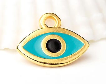 Amuleto de ojo malvado dorado, amuleto de ojo pequeño, amuleto de protección, amuleto de buena suerte, esmalte dorado y turquesa, fundición de metal griego, 15 mm