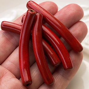 49mm Large Ceramic Curved Tube Beads, Noodle Beads, Vermilion Red Bangle Tubes, Enameled, Glazed Tube Beads,  Made in Europe