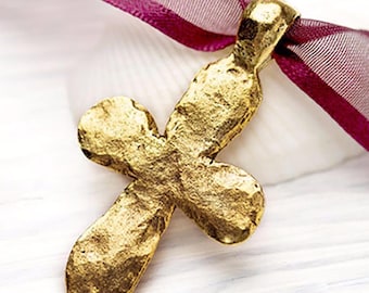 Large Gold Cross Pendant, Gold Hammered Cross Pendant, Ancient Cross with Bail Pendant, Rustic Antique Gold Cross, Made in the USA, 48mm