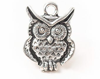 Dije de búho pequeño de plata, dije de búho de plata antigua, colgante de sabiduría, hecho en EE. UU., 16 mm