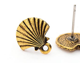 Seashell Post Earrings, Nautical Stud Earrings, Gold Earring Post, Earring Component, Antique Gold, Made in the USA, 11.5x13mm