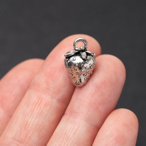 Small Silver Strawberry Charm, Antique Silver Sweet Berry Charm, Tiny Strawberry Pendant, Garden Charm, Made in USA, 15mm